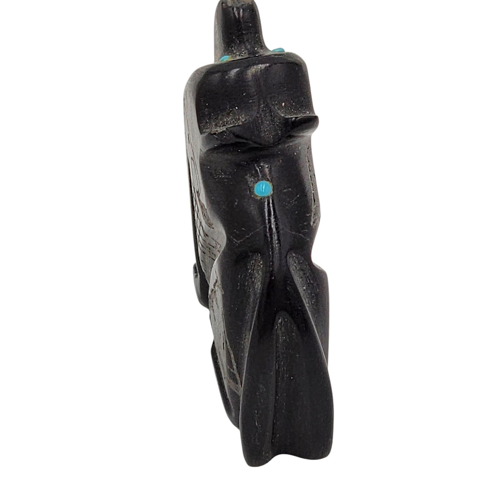 Native American Zuni Black Marble Bear Fetish Carved Stone Signed Turquoise - Picture 8 of 16